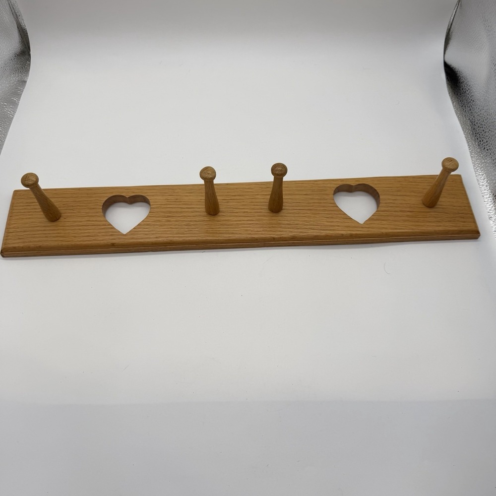 VTG Heart Cut Out Wooden Peg Coat Rack 4 Peg 21" 90s Decor Cottagecore Granny
